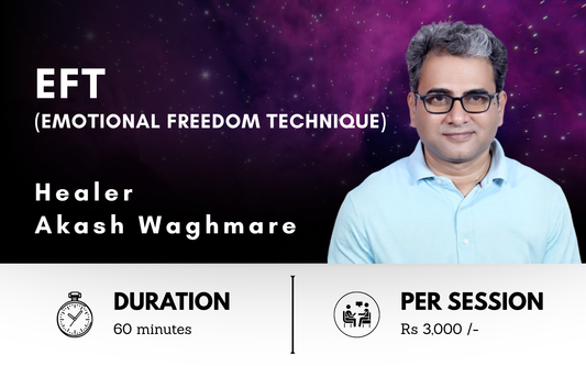 Promotional graphic for EFT with healer Akash Waghmare, including duration, price, and branding.
