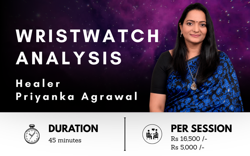 Advertisement for Wristwatch Analysis service with healer Priyanka Agrawal on a purple background.