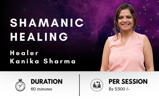 Promotional banner for Shamanic Healing with a woman named Kanika Sharma against a purple cosmic background.