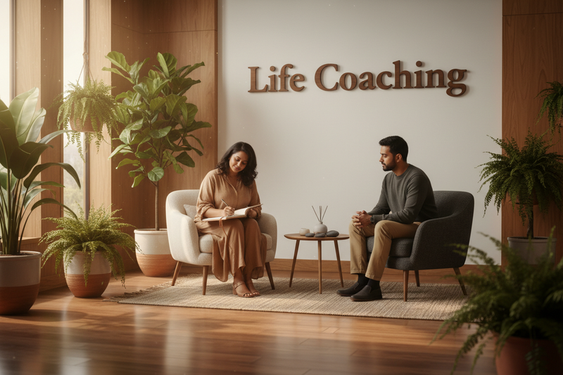 White wall and life Coaching written with Dark Oak